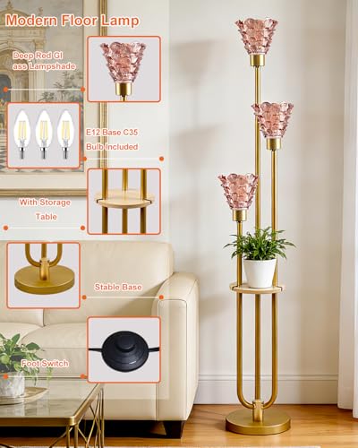 Image of 3-Light Modern Glass Floor Lamp with Shelf, Gold Tall Standing Lamp with Deep Red Flower Glass Shade, LED Floor Lamp with Foot Switch& 5Lbs Heavy Base for Living Room Bedroom, Bulb Included