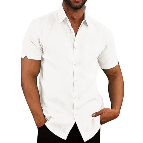 Glacspyg Camisa de Lino Hombres Camisa de Lino de Manga Corta Camisa de Trabajo Camisa Casual Calce Casual Vacaciones Verano Playa Camisa Blanco L