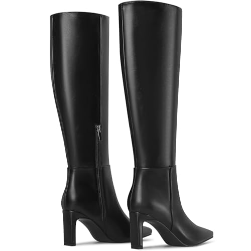 Knee High Boots with Block Heel Pointed Square Toe Side Zipper Tall Boots3