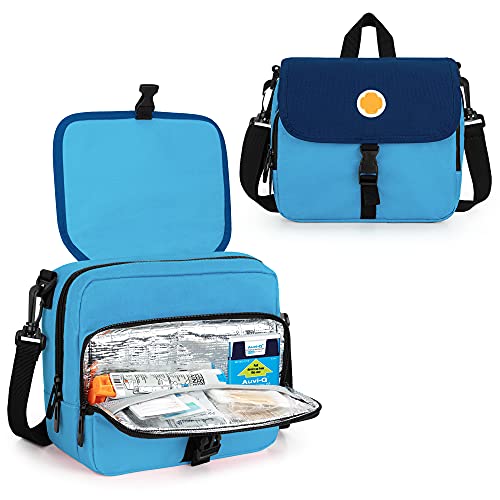 CURMIO Epipen Carrying Case for Kids, Insulated Medicine Supplies Bag with Shoulder Strap for 2 EpiPens, Auvi-Q, Spacer, Vials, Nasal Spray, Asthma Inhaler, Allergy Medicine Travel Bag, Blue