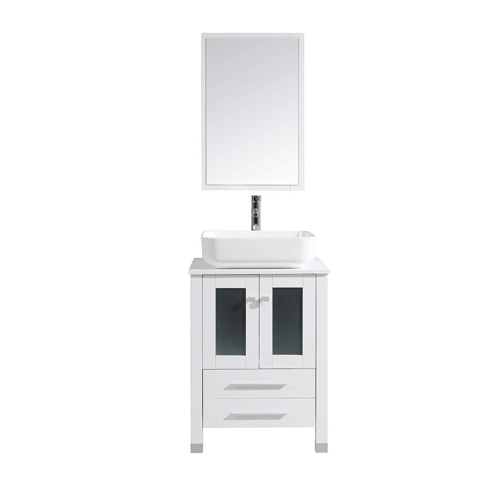 TONYRENAModern 24" Bathroom Vanity Set - Cabinet with Ceramic Sink (19.6" Lx15.7 Wx5.5 D), Chrome Finished Faucet, Flexible Drain & Mirrors, White