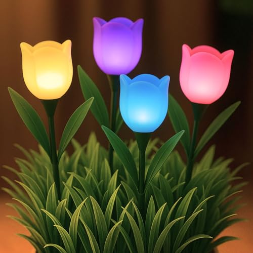 BEPER P207ILO105 Lot de 4 lampes solaires tulipe, lampes de jardin solaires en forme de fleur avec piquet, allumage automatique, LED extérieure IP44 pour...