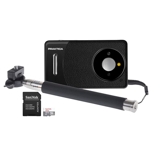 Praktica DZ13 Compact Digital Camera with SanDisk 32GB MicroSD Card & Selfie Stick - 13MP Dual CMOS Sensors, Wide-Angle Lens & 18x Zoom, Full HD Video - Black
