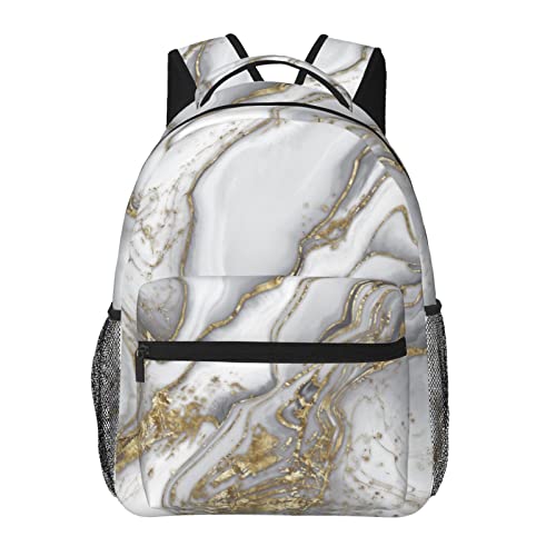 Image of ANGYANG Casual Backpack Grey Liquid Marble - Pearl And Gold Classic Bookbag Water Resistant School Bag Casual Daypack With Side Pockets