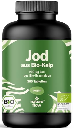 Jod Tabletten aus Bio-Kelp hochdosiert - 365 Tabletten - 200 µg Jodtabletten, vegan & produziert in Deutschland - Verpackung kann variieren