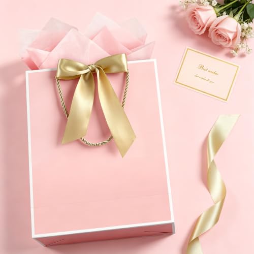 Image of JMANNI Gift Bag, 2PCS Gift Bags with Ribbon and 2 Greeting Cards 4 Tissue Paper, Portable Paper Gift Bag with Handles, Birthday Gift Bags,Present Bags for Wedding Party Mothers Day(Pink-White)