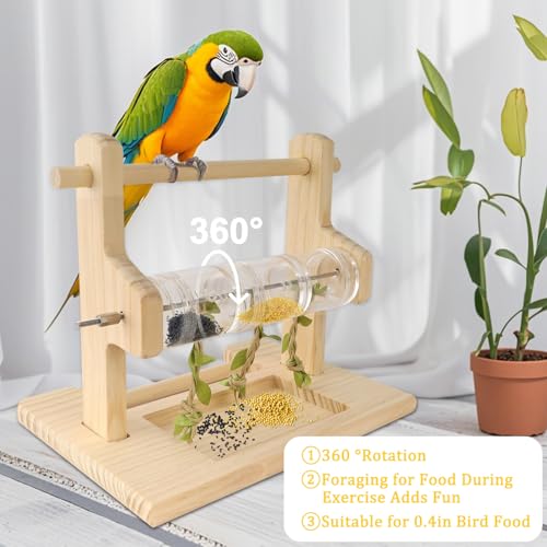 Image of Bird Playground, Parrot Foraging Toy, Wooden Perch with Rotating Drum, Exercise & Feeding Center for Small & Medium Birds