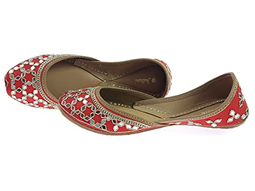 Image of Fulkari Women's Mirror Genuine Soft Leather Juttis | Bite and Pinch Free Jutis | Ladies Punjabi Jutti | Wedding Flat Stylish Mojari | Phulkari Ethnic Flats For Girls |