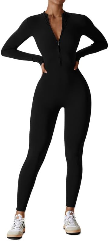 YoYogini Womens One Piece Workout Jumpsuits Zip Up Bodysuit Long Sleeve Yoga Rompers Full Length Sports Gym Shapewear