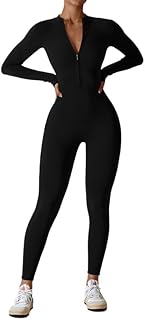 YoYogini Womens One Piece Workout Jumpsuits Zip Up Bodysuit Long Sleeve Yoga Rompers Full Length Sports Gym Shapewear