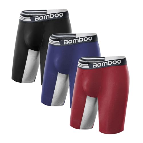 emBamboo Mens Long Leg Boxer Briefs Anti Chafe Breathable Moisture-Wicking Bamboo Viscose Trunks Underwear without Fly Pouch for Men 3 Pack (L,Mix)