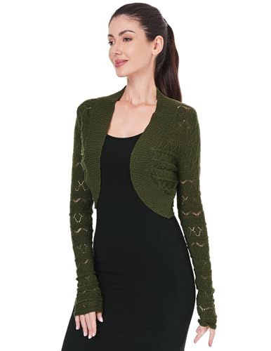 AmélieBoutik Women Long Sleeve Lightweight Cable Knit Hollow Out Cropped Cardigan Open Front Bolero Shrug