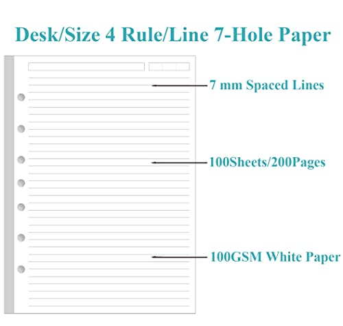 A5 Lined Refill Paper - 100 Sheets/200 Pages Loose Leaf Paper For Filofax Planner, Organizer, Binders, 7-Hole Punched, 100Gsm Ruled White Pages, 5.8" X 8.2 " #TOP1