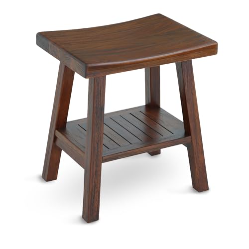 StrongTek Teak Shower Stool with Storage Shelf, 18-Inch Solid Teak Wood Bath Seat Bench, Ergonomic Curved Seat, Easy Assembly, Water-Resistant, 350 lbs Capacity, Ideal for Bathroom, Spa & Home Use