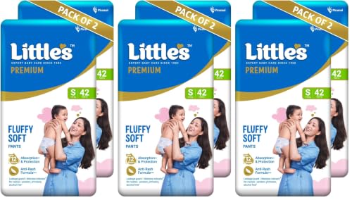 Image of Little's Premium Baby Diapers S Size (Small) Pants Style | 4-8 kg | 84 Count | FluffySoft Baby Diaper with Leakage Guard, Wetness Indicator & 12 Hours Absorption | (42 Count, Pack of 6)