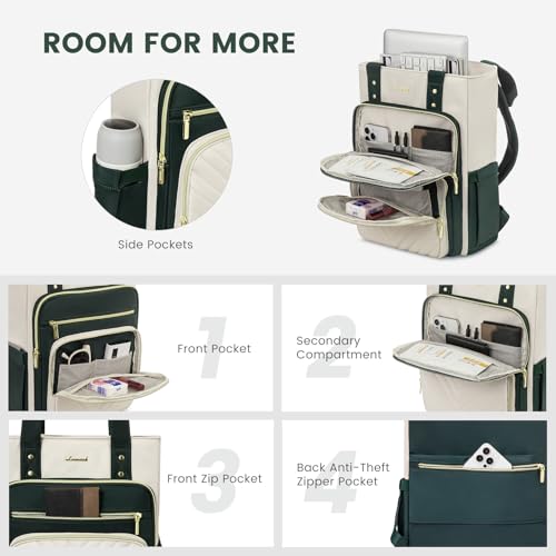 LOVEVOOK Laptop Backpack for Women, 15.6 Inch Work Business Travel Backpack, Fation Teacher Doctor Nurse Backpack Purse, Waterproof Cute Backpack,DarkGreen-Beige4