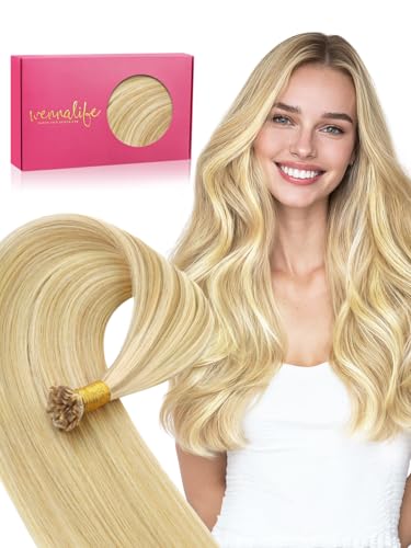 WENNALlFE Mini Flat Tip Hair Extensions Human Hair, 50g 60s 20 Inch Light Blonde Highlighted Golden Blonde Remy Hair K Tip Hair Extensions Seamless Keratin Extensions De Cabello
