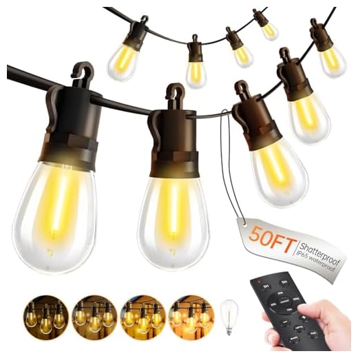 Outdoor-String-Lights-Patio-LED-Light-Outside 50Ft 15M Waterproof Remote Dimmable S14 LED Porch Lighting with 15 Edison Plastic Bulb Hanging Lights Connectable for Backyard Yard Gazebo Party Garden