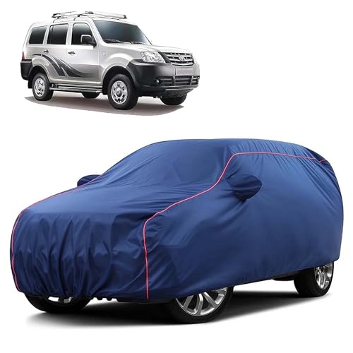 Image of Sulfar 100% Water Resistant Car Body Cover Compatible with Mirror for Tata Movus (Triple Stitched, Full Bottom Elastic, Blue Taffeta with Red Piping)