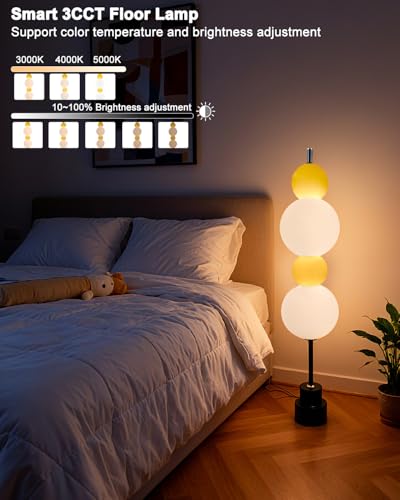 Image of Yellow Globe Floor Lamp - Metal, Gold - 3 CCT (3000K /4000K /5000K) Dimmable LED, Touch Switch, Modern Tall Standing Lamp for Bedroom, Living Room, Home Office
