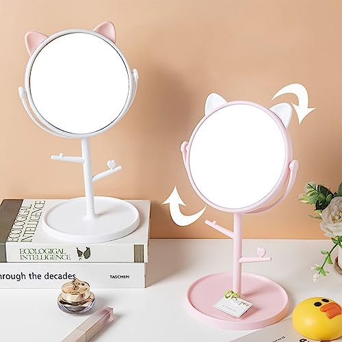 Image of Makeup Mirror, Fashionable Cute Desktop Makeup Mirror, Household Rotatable Cosmetic Mirror with Tray, Tabletop Vanity Mirror for Travel, Bathroom, Bedroom (Pink)