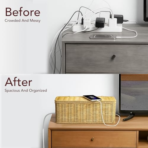 Image of Soko Woven Faux Rattan Cable Management Box| Cord Hider with Lid, 2 Open Slots Surge Protector | Power Strips, Router, TV, Gadget Wires Organizer Tray for Desktop, Table-Home, Office (Large) Natural