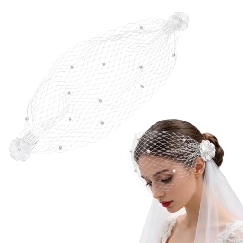 NBEADS Voilette en Cage d Oiseau Perlée, 440mm Voilette à Facettes en Tulle Blanche pour Visage avec Perles Bandeau Voilette Chapeau à Facettes avec Peigne...