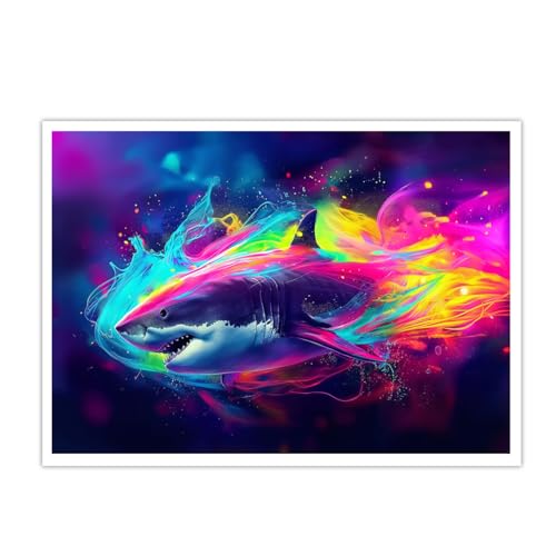 Affiche requin néon décoration salon moderne et chambre ado