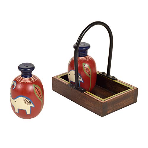 Image of Aakriti Art Creations Happy Elephant Salt & Pepper Shaker Set with Tray | Handcrafted Madhubani Art Ceramic Dispenser Set | Dining Table Salt Pepper Set | Kitchen Decoration Items Stylish