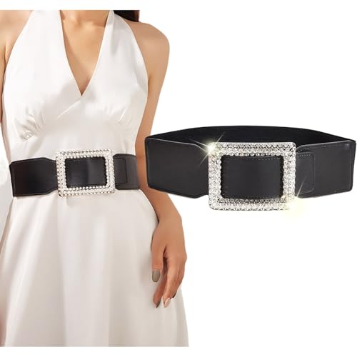 Black Elastic Waist Belts Women Rhinestone Buckle Belts for Dress Vintage Stretchy Belt for Women