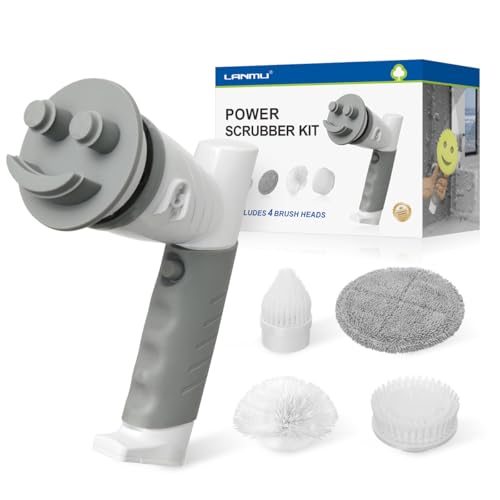 LANMU Electric Scrubber Sponge Wand Compatible with Scrub Daddy/Mommy Sponges, Cordless Power Spin Brush with Comfortable Handle, 5 Replaceable Heads for Cleaning Oven, Stove, Sink, Shower, Bathtub