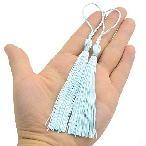 Image of 100pcs 13cm /5 Inch Silky Floss Bookmark Tassels with 2-Inch Cord Loop and Small Chinese Knot for Jewelry Making, Souvenir, Bookmarks, DIY Craft Accessory (Light Blue)