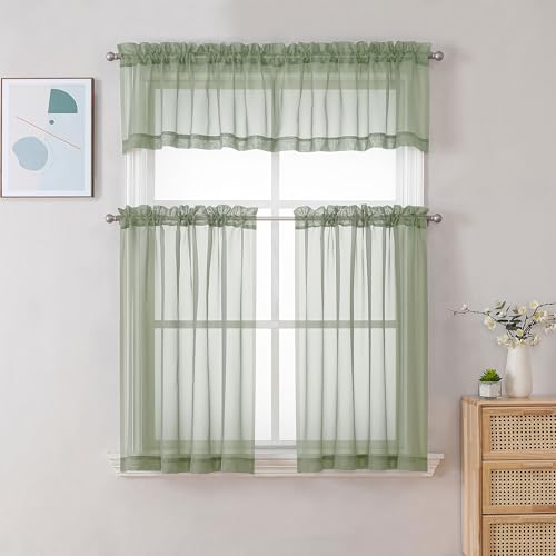 Image of Chyhomenyc Sheer Sage Green Valances for Windows 2 Pack, Small Window Curtains for Living Room Bathroom Cafe Laundry Basement, Modern Top Dual Rod Pocket Voile Curtain, 42W x 18L inches, Sage Green