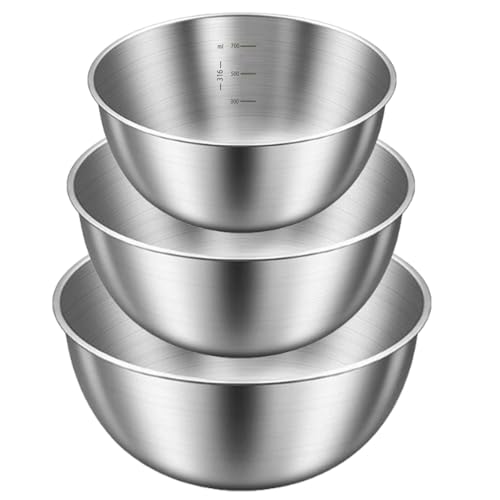 Stainless Steel Mixing Bowls Set,3 Pcs (23cm/20cm/17cm),Duty One-Piece Construction,Non-Slip Bottom,Brushed Finish,Ideal as Mixing Bowls for Baking,Dough Kneading,Salad & Food Prep