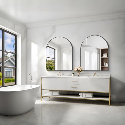 Image of FORBATH Arched Mirror 40x32 Inch, Black Arched Bathroom Mirror Wall Mounted Modern Black Aluminum Frame Decor Large Dresser Mirror for Bedroom Living Room Entryway, Hanging or Leaning Against Wall