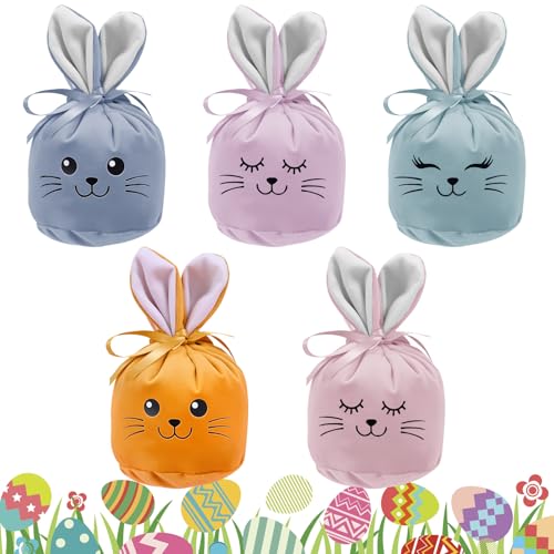 Easter Bag Pack of 5 Velvet Bags with Ears 5 Stück Osterbeutel Stoff Samt Ostertüten zum Befüllen mit Hasenohren und Ausdruck Osterhasen Geschenktüten Ostern für Ostereier und Süßigkeiten