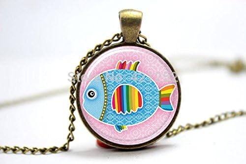 ArtShop Fashion Jewelry Rainbow Fish Pendant Necklace Bronze Glass Photo Cabochon Necklace Christmas gift