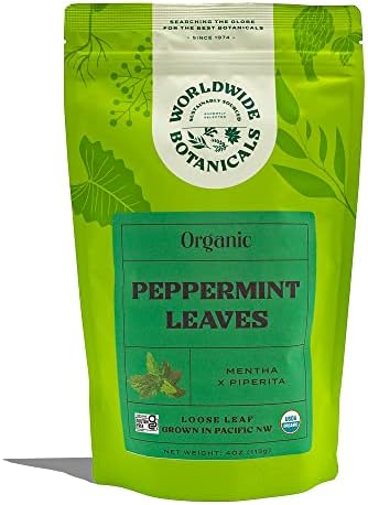 Worldwide Botanicals Organic Peppermint Loose Leaf Tea, 4 oz - Pacific Northwest Organic Cultivation, Highly Aromatic Digestive Tea, Antioxidant, Caffeine Free