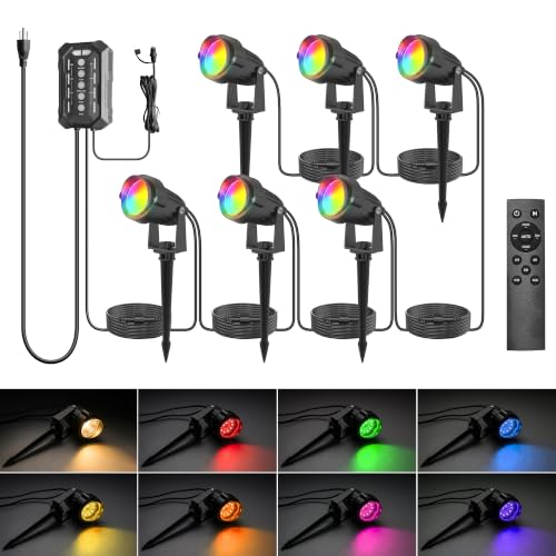 Image of L LOHAS LED RGB Low Voltage Landscape Lighting Kit, 5W Dusk to Dawn Outdoor Lighting with Transformer, 5-Level Dimmable, Timer, IP66 Waterproof Outdoor Spotlight Lights for Yard Garden Tree, 6 Pack