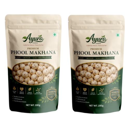 Image of AYURA FOODS CRAFTED BY NATURE, CHOSEN BY YOU Raw Popped Lotus Seeds Phool Makhana | Gluten-Free, Light and Crunchy Puffed Fox Nuts for Healthy Guilt-Free Snacking | Pack of 2, 200 gm Each