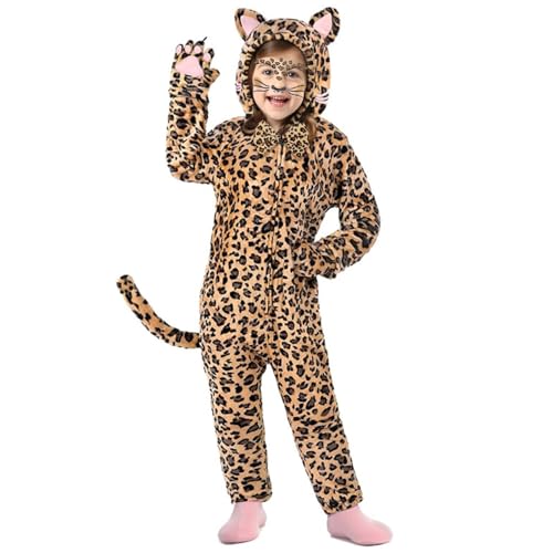 OCHILIMA Leopard Kostüm Set, Kinder Tierkostüm inklusive Fliege leopard Gesicht Aufklebern, weicher Flanell Leopard Overall für Halloween Karneval Geburtstag Kostüm Pyjama Party,110