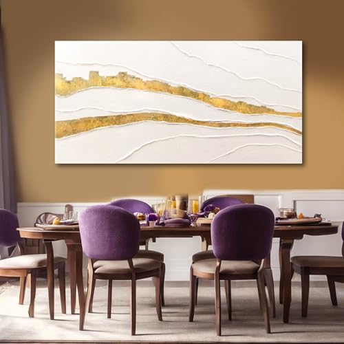 Image of VAYIMDH Canvas Abstract Art White Large Wall Decorations for Living Room Gold Foil Abstract Wall Hanging Oil Painting for Office 29 inchx 58 inch Home Decor