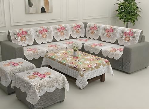 Image of Fab Nation Sofa Cover L Shape 7 Seater with Corner L Type Fully Covered Sofa Set for Living Room | Cotton Sofa Slipcovers for 4 + 3 Seaters Cover + 2 Setty Covers + 1 Table Cover Set | Yellow Diamond