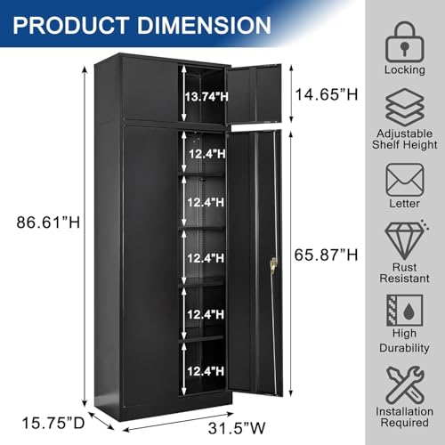 Image of Metal Storage Cabinet, 87 Inch Tall Locking Cabinet with Top Cabinet, Heavy Duty Garage Cabinet with Doors and 4 Adjustable Shelves, Pantry Cabinets for Office, Garage, Home-Black