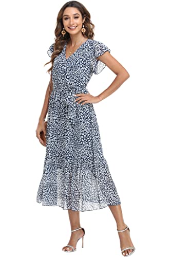 Image of VintageClothing Womens Sundress Casual Floral Summer Boho Dress | Flowy Wrap V Neck Ruffle A-Line Pleated Hem Midi Dresses