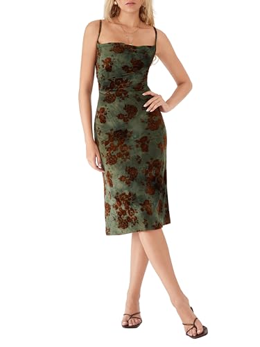 CIDER Womens Velvet Dress Floral Sleeveless Spaghetti Strap Ruched Midi Club Party Wedding Guest Dresses2