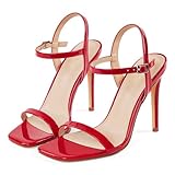 Elisabet Tang Women's High Heeled Sandals 4 Inch Strappy Sling Back Stiletto Open Square Toe Heels with Ankle Straps at Wedding Party Prom Work Dating Red Patent Size 7