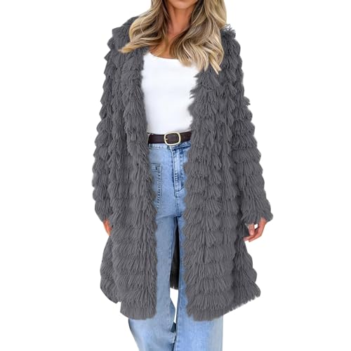 OPAKY Chaqueta de felpa para mujer, chaqueta sintética de invierno, moda otoñal, frente abierta, abrigo largo, abrigo peludo, ropa de abrigo larga, cárdigans largos para mujer, gris, XL
