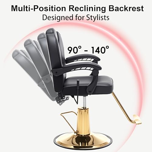Image of Barber Chair with Heavy Duty Hydraulic Pump, Reclining Salon Chair for Hair Stylist, 360 Swivel 90-140 Backrest Reclining Chairs, Height Adjustable Hair Chair for Barbershop (Gold-Plain)