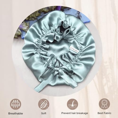 Image of Atrube's Silk Satin Hair Bonnet Reversible with Adjustable Tie Band Wrap Satin Wrap with Hair Scalp Massager Shampoo Brush and 3 Scrunchies (Blue)